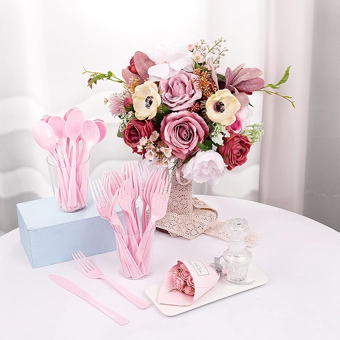 WDF 160 Piece Pink Plastic Silverware - Heavy Duty Pink Silverware Includes 80 Forks, 40 Spoons, 40 Knives, Plastic Utensils Perfect for Wedding/Party/Easter