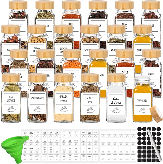 Keketin 6 oz Glass Spice Jars with Bamboo Lids, 24 Pack Empty Seasoning Bottles with Airtight Shaker Lids and Labels
