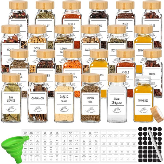 Keketin 6 oz Glass Spice Jars with Bamboo Lids, 24 Pack Empty Seasoning Bottles with Airtight Shaker Lids and Labels