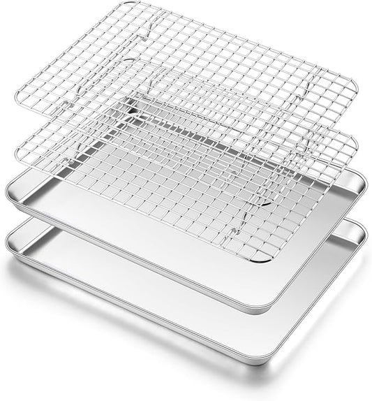 Homikit Cookie Sheet with Rack (2 Small Baking Sheets+2 Grill Racks), 10 x 8 Inch Stainless Steel Cookie Sheets with Wire Cooling Rack, Nonstick Metal Toaster Oven Bacon Tray, Dishwasher Safe