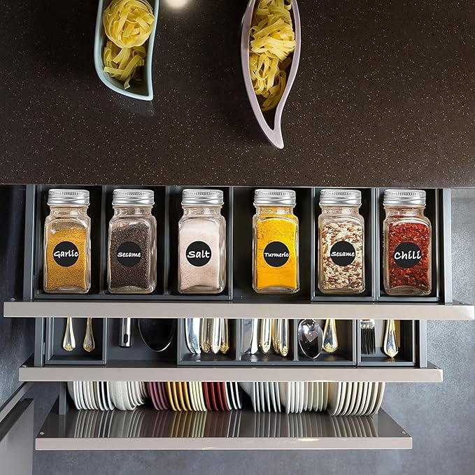 RoyalHouse 24 Pcs Glass Spice Jars/Bottles - 4oz Empty Square Spice Containers with Spice Labels and Airtight Metal Caps with Shaker Lids