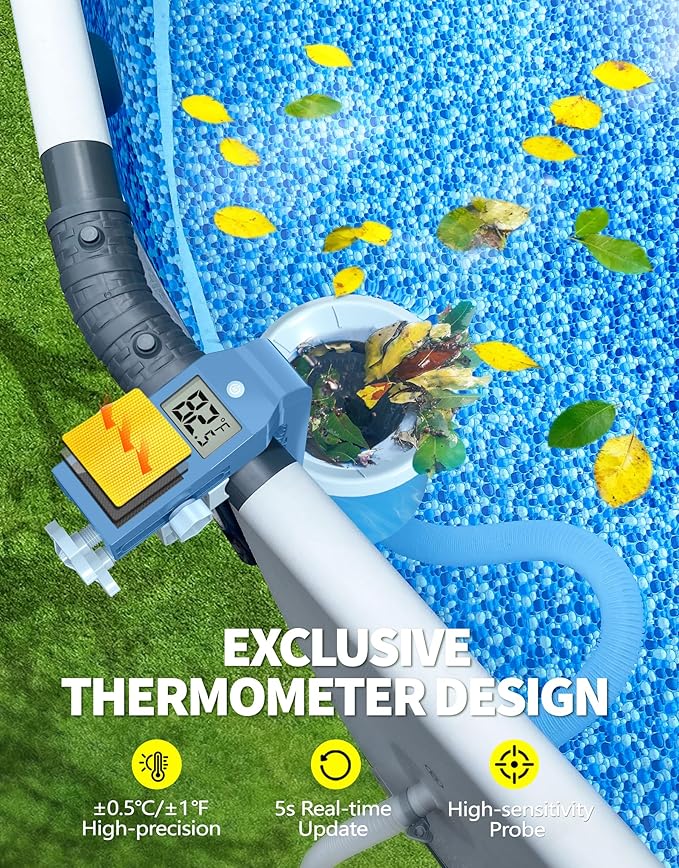 BluSwim [Patented] Above Ground Pool Skimmer with Solar Digital Thermometer | Wall Mount Surface Skimmer - Auto Skimming Pool Floating Debris | 2 Upgraded Bracket - Stable&Height Adjustable-Steel Blue