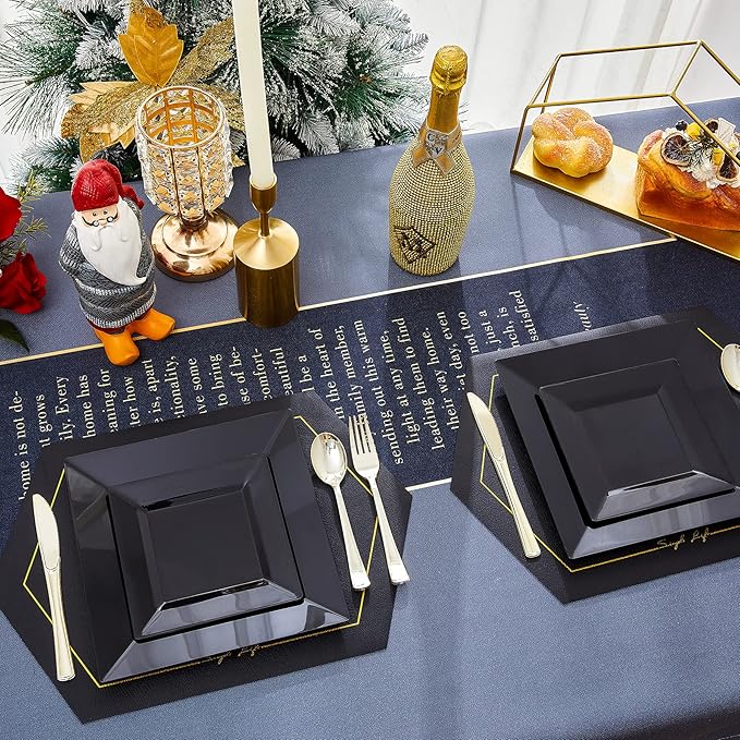 N9R 60PCS Black Plastic Plates Square, 30 Dinner & 30 Dessert Plates Heavy Duty, Fancy Disposable Plates for Party, Wedding and other Events
