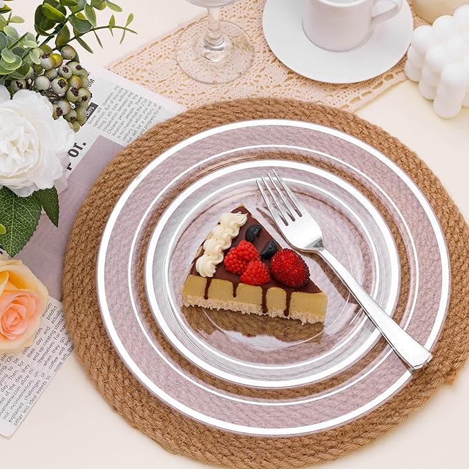 BESTSTAR 100PCS Clear Plastic Plates for Party, 10.25 Inch Disposable Plates with Silver Rim, Heavy Duty Dinner Plates for Wedding and Birthday