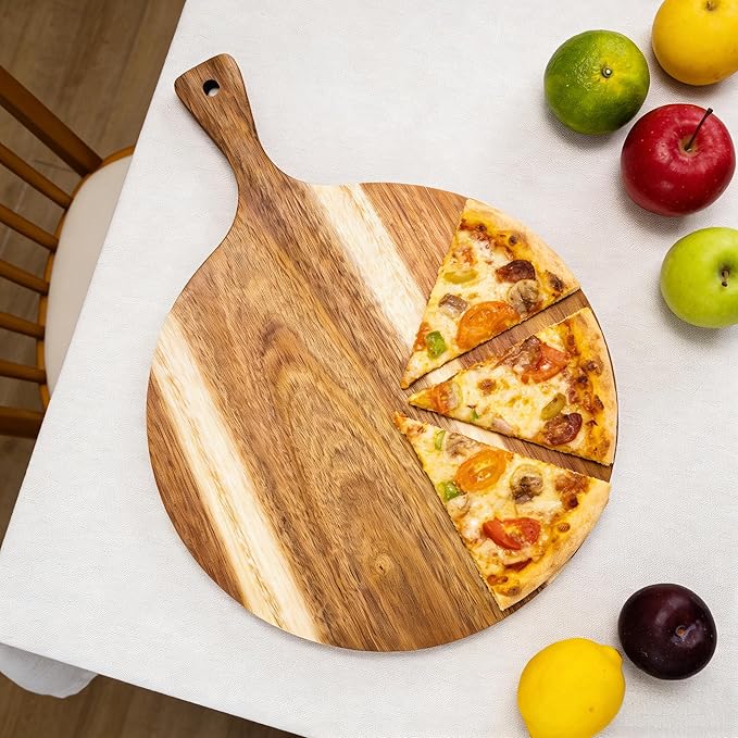 ZeQi Round Acacia Wood Cutting Board with Handle 16''x12'' /Charcuterie Board/Pizza Board/Serving Board for Cheese, Bread, Vegetables & Fruits (Round)