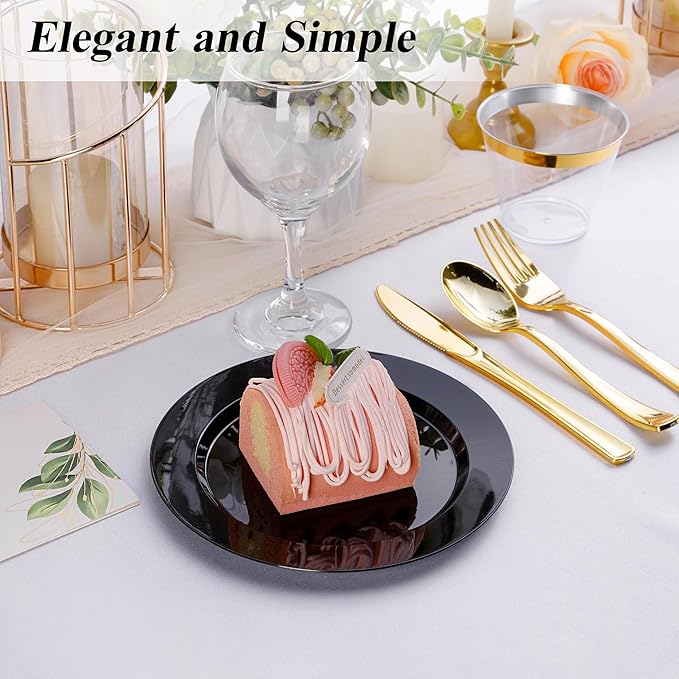 100PCS Black Plastic Dessert Plates 7inch, Premium Hard Disposable Plates for Party, Wedding