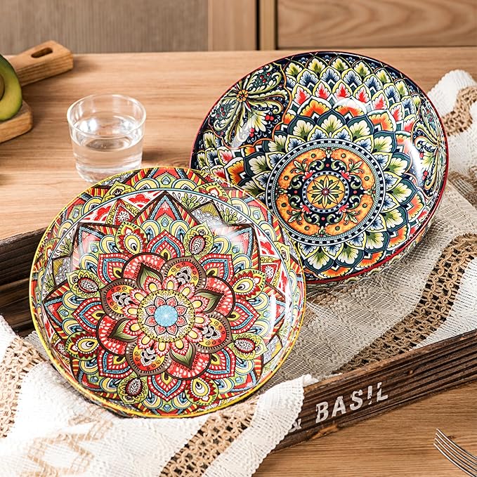 Henten Home Porcelain Pasta Bowls Set of 2, Ceramic 50 oz Soup Bowl, Colorful Large Salad Bowls, Bohemia Style Serving Bowls Set for Noodles, Microwave & Dishwasher Safe (Set A)