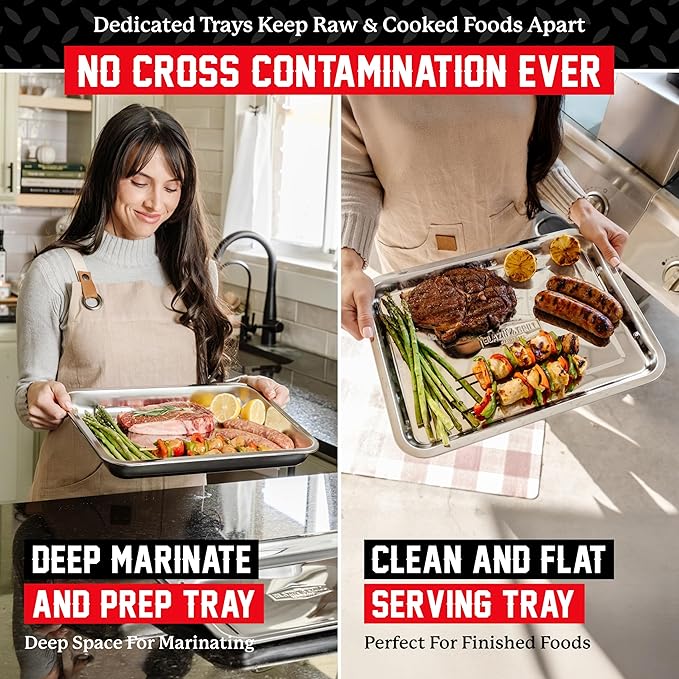 AVIEUS Grill Prep and Serving Trays | Set of 2 Stackable Stainless Steel Trays | Trays for Marinating, Serving & Chopping | Serving Platter for Plating Food & BBQ Prep Tub | Grilling Accessories