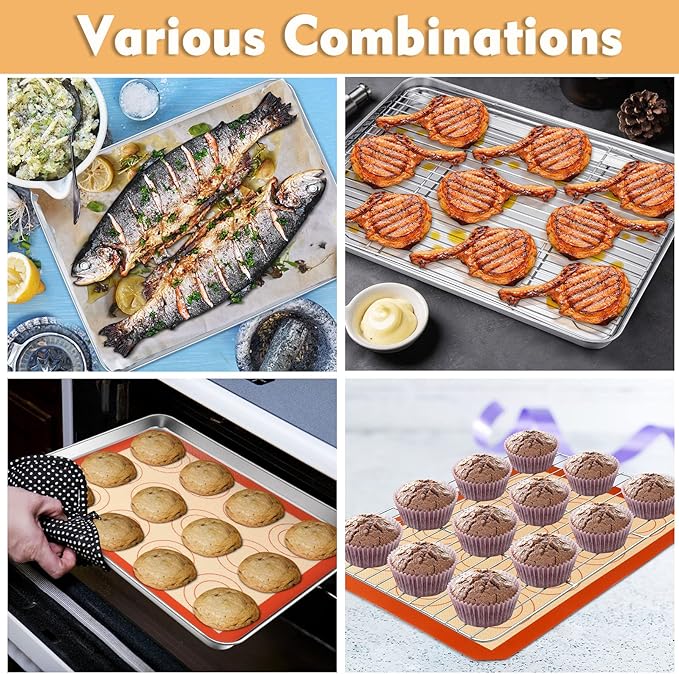 P&P CHEF 12.5 Inch Baking Oven Sheet Pan with Rack & Mat for Cookie, Stainless Steel Oven Sheet Tray Cooling Rack and Silicone Mat for Baking & Roasting, Dishwasher Safe & Healthy, 3Pcs