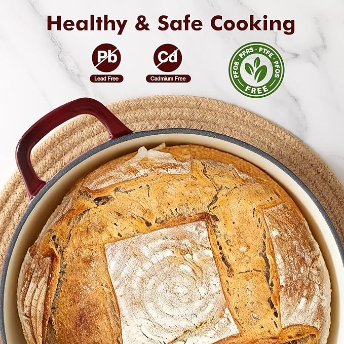 SENSARTE Enameled Cast Iron Dutch Oven Pot with Lid 5.5 Quart Heavy-Duty Round Dual Handles Kitchen Pot with Cotton Potholders & Silicone Trivet, Pot for Bread Baking, Stews, Braising, Roasting, Oven Safe up to 500°F, Red