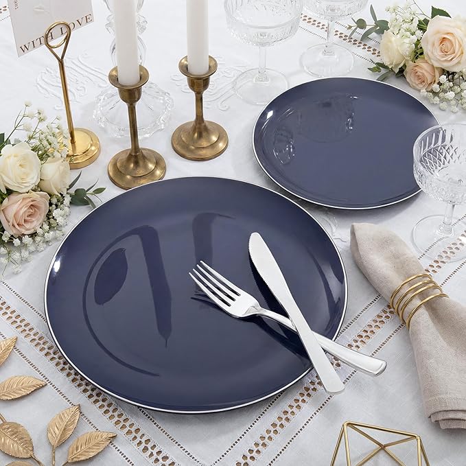 KIRE 200PCS Blue Plastic Plates with Silver Rim - Navy Blue Plastic Plates Include 100 Dinner & Dessert Plate - Heavy Duty Dark Blue Disposable Plate for Passover/Parties/Wedding