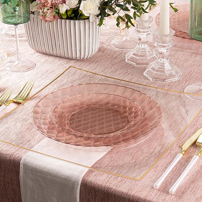 PLASTICPRO 32 Pack Plastic Dishes Set of 16-10 inch Plates and 16-7 inch Plates, Elegant Translucent Rose Color Disposable Fancy Tableware Premium Heavyweight