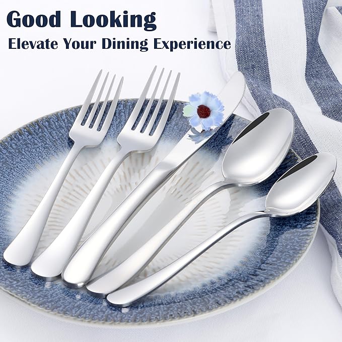 E-far Heavy Duty Silverware Set for 12, 60-Piece Stainless Steel Flatware Cutlery Set, Thick Metal Eating Utensils Including Forks and Spoons Knife, Heavy Weight & Mirror Finish, Dishwasher Safe