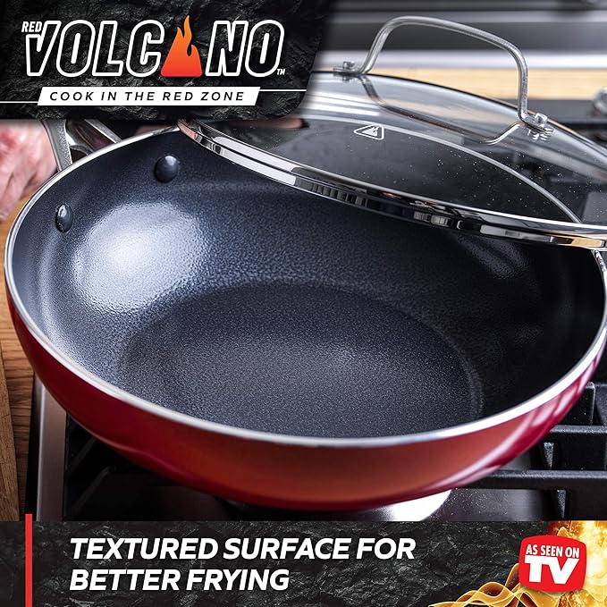Textured Ceramic Nonstick, 11" Flat Bottom Wok Stir-Fry Pan with Lid for High Heat Cooking, Oven & Broiler Safe to 600 Degrees, Dishwasher Safe, PFAS PFOA & PTFE Free, Red