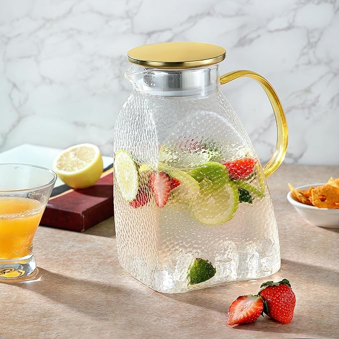 Glass Pitcher, Mituer 60oz Glass Water Pitchers with Handle and Lid, Tea Pitcher for Fridge, Iced Tea, Coffee Milk, Juice
