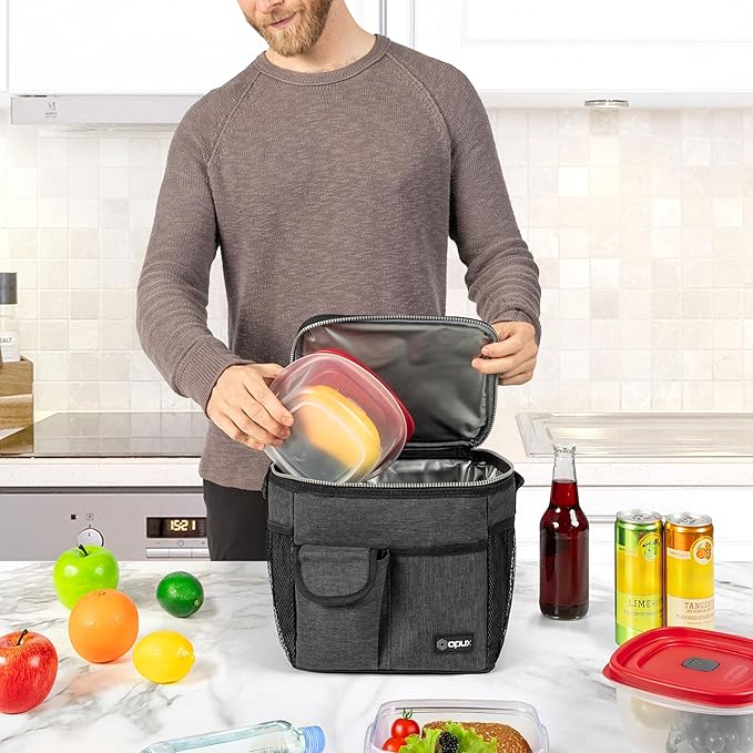 opux Insulated Lunch Bag for Men Women, Leakproof Charcoal Grey Lunch Box for Work, Portable Soft Lunch Cooler Bag with Shoulder Strap, Adult Lunchbox Lunch Pail for Kid Boy Girl School, 18 Can/10L