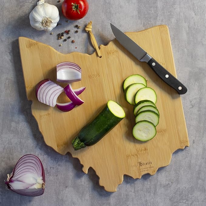 Totally Bamboo Ohio State Shaped Cutting Board and Charcuterie Serving Platter with Artwork by Summer Stokes, Includes Hang Tie for Wall Display Varies