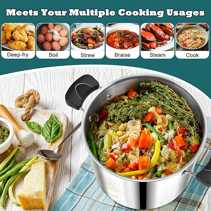 10 Quart 3-Ply Cooking Stock Pot with Lid, P&P CHEF Stainless Steel Large Pot for Pasta Soup, Work on Multi Stove, Heavy Duty & Dishwasher Safe, Dual Heat-resistant Handles & Transparent Glass Lid