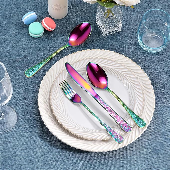 Runfly Vintage Carved Rainbow Stainless Steel 20 Pieces Flatware Set, Colorful Silverware Set, Modern Embossed Cutlery Set Utensils Including Fork Spoon and Knife