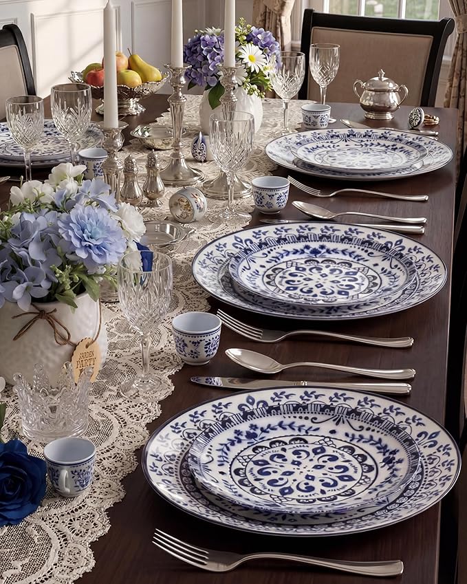 Hioasis 60pcs Blue Plastic Plates Set - Floral Blue & White Porcelain Design, 10.25" Dinner & 7.5" Dessert Plates Disposable for Wedding (Dishwasher Safe, Traditional Style)