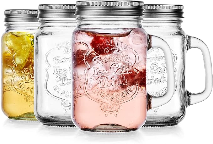 Glaver's Mason Drinking Jars – Set of 4, 15.25 Oz Clear Glass Jar with Handle and Lid. – Ice-Cold Drink Glassware Logo – Glass Mugs Ideal for Cold Beverages, Juice, Smoothie, Cocktails.