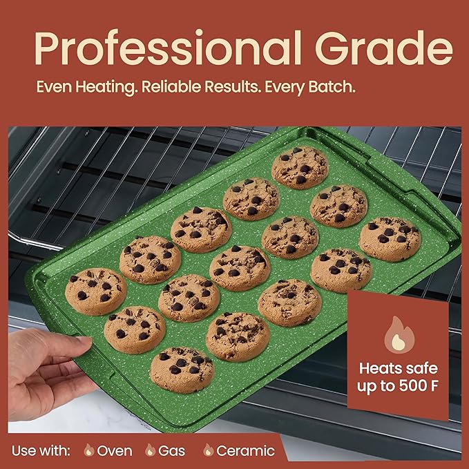 BAKKEN Kitchen Baking Pan Set - Nonstick Green Marble Coating, Commercial Grade Carbon Steel Bakeware Sets, Baking Kitchen Essentials, PFOA, PFOS, PTFE Free, Oven Safe Tray (Up To 450° F), Set of 3