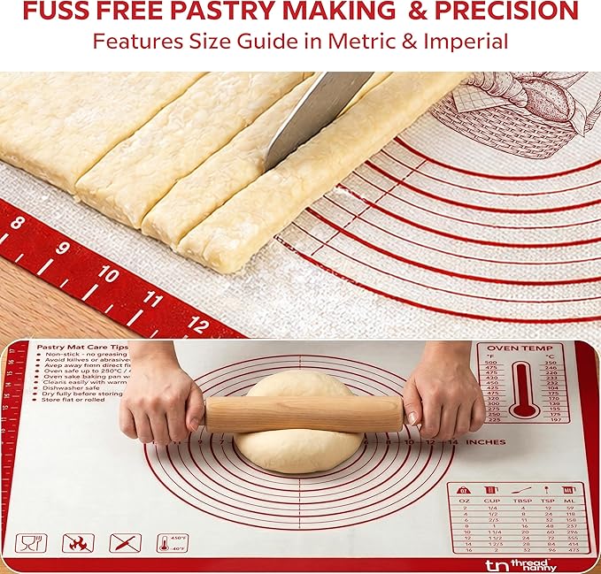 Silicone Pastry Mat Non Stick Extra Large 28x20 - Rolling Mat for Dough with Measurements - Pie Crust Bread Pizza Cookie Baking Mat - Dishwasher Safe (Red)