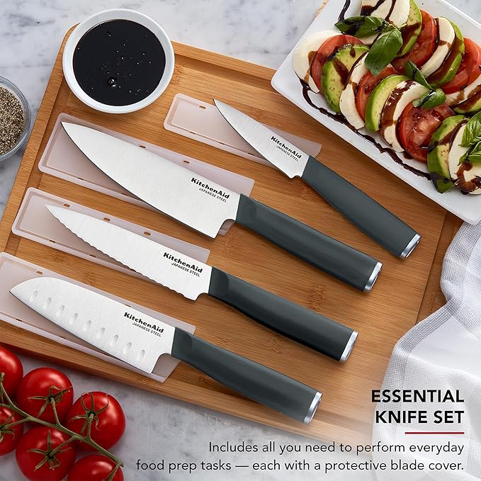 KitchenAid Chef Set with Custom Fit Covers, Sharp Kitchen Knife, High-Carbon Japanese Stainless Steel Blade, 4 Piece, Charcoal Gray