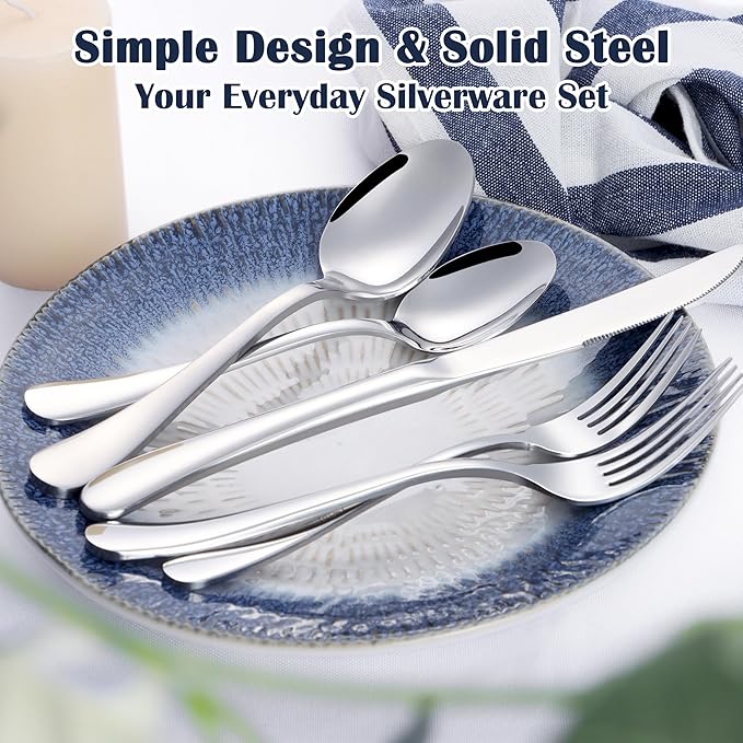 E-far Heavy Duty Silverware Set for 12, 60-Piece Stainless Steel Flatware Cutlery Set, Thick Metal Eating Utensils Including Forks and Spoons Knife, Heavy Weight & Mirror Finish, Dishwasher Safe