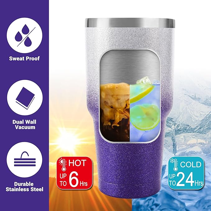 D·S 30 oz Tumbler Purple Glitter Gradient Cup Stainless Steel Double Wall Vacuum Insulated Mug with Straw and Lid, Cleaning Brush for Cold and Hot Beverages