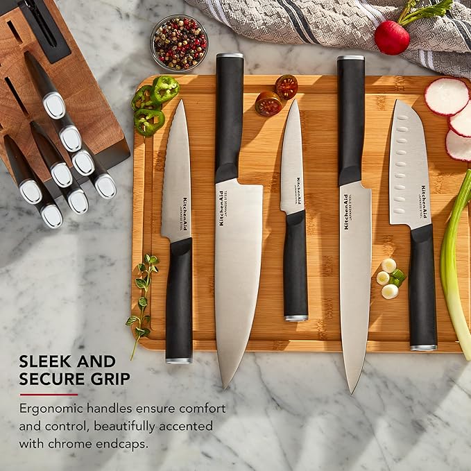 KitchenAid Classic Slim Knife Block Set with Built-In Knife Sharpener, High Carbon Stainless Steel Kitchen Knives, Sharp Kitchen Knife Set with Block, Black, 14 Piece