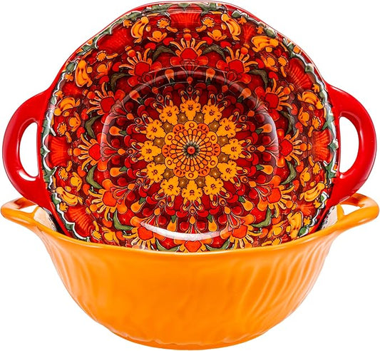 Boho Ceramic Serving Bowls with Handles Set of 2, Ceramic Large Serving Bowls, 40 Oz Porcelain Salad Bowls, Large Serving Dishes for Entertaining, Nesting Mixing Bowls for Soup,Stew,Fruits,Dinner
