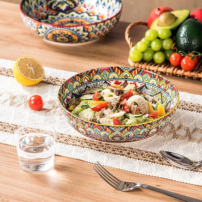 Henten Home Porcelain Pasta Bowls Set of 2, Ceramic 50 oz Soup Bowl, Colorful Large Salad Bowls, Bohemia Style Serving Bowls Set for Noodles, Microwave & Dishwasher Safe (Set A)