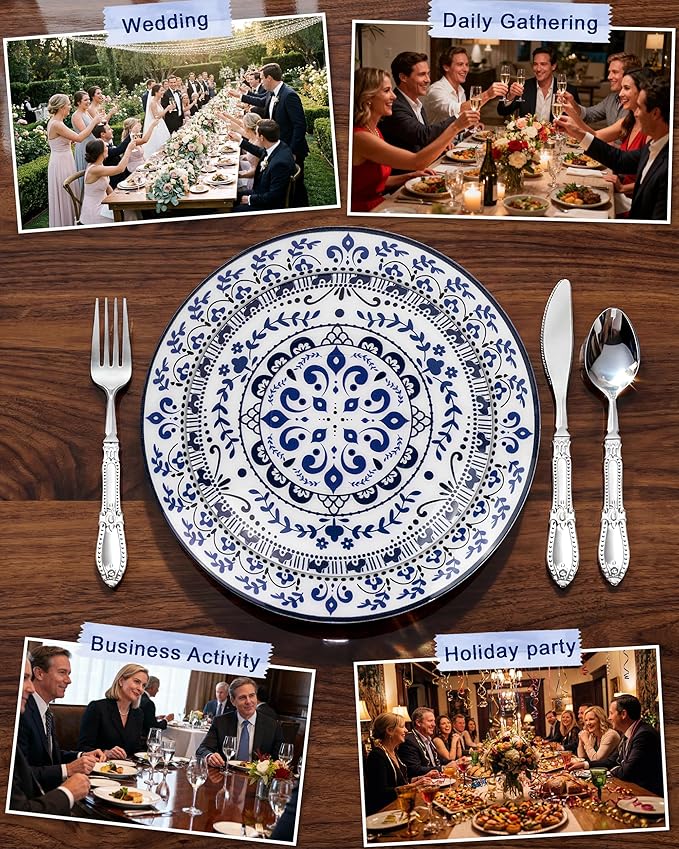 Hioasis 60pcs Blue Plastic Plates Set - Floral Blue & White Porcelain Design, 10.25" Dinner & 7.5" Dessert Plates Disposable for Wedding (Dishwasher Safe, Traditional Style)