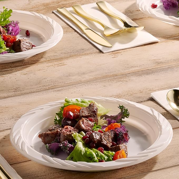 Munfix 100 Pack White Plastic Dinner Plates, 9 Inch Disposable Plates, Bulk Pack for Party, BBQ, Picnic, Parties, Travel and Events, Microwavable Recyclable