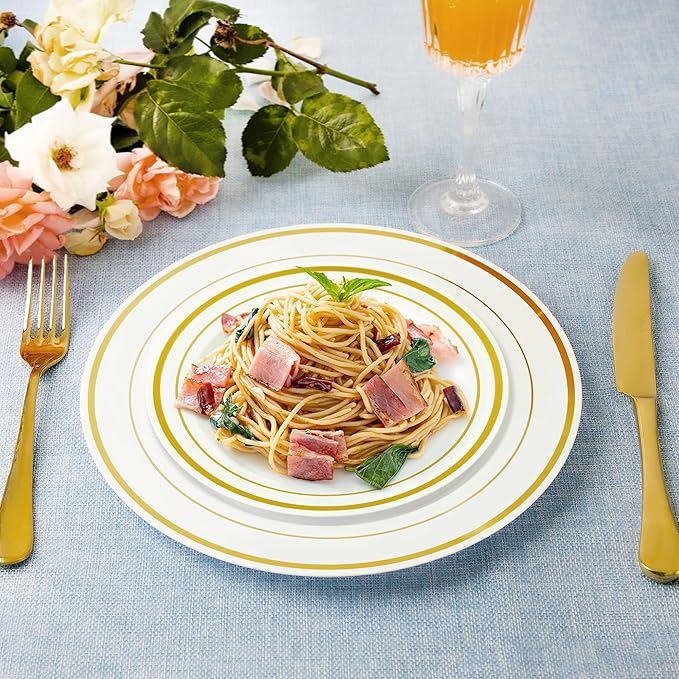 SETUP Case of 300 White Gold Rimmed Plastic Plates - Premium Heavy-Duty Disposable Plates for Wedding and Party, 150 10.25" Dinner and 150 7.5" Salad Plates