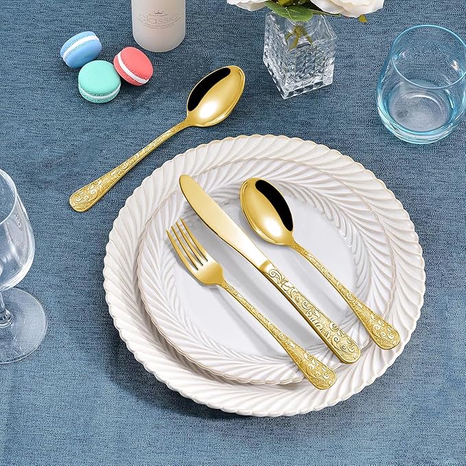 Runfly Vintage Carved Gold Stainless Steel 20 Pieces Flatware Set, Golden Silverware Set, Modern Embossed Cutlery Set Utensils Including Fork Spoon and Knife