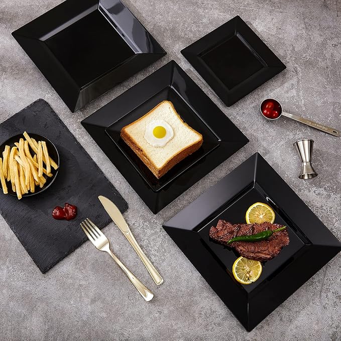 N9R 60PCS Black Plastic Plates Square, 30 Dinner & 30 Dessert Plates Heavy Duty, Fancy Disposable Plates for Party, Wedding and other Events
