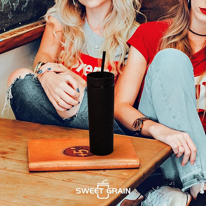 sweet grain Skinny Tumblers with Lids and Straws(6 Pack) - 16oz Matte Pastel Colored Skinny Acrylic Tumblers, Double Wall Plastic Tall Skinny Tumblers Bulk for Cold Hot Drinks - Black
