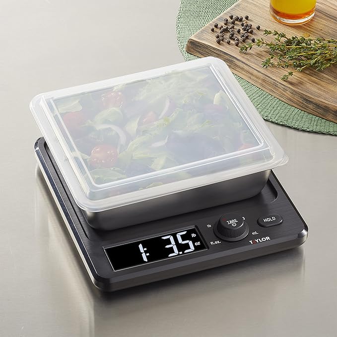 Taylor Digital Kitchen Scale with Dishwasher Safe Stainless Steel Container and Snap On, 22 pound capacity, Black