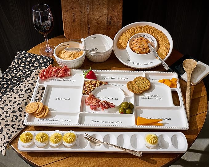 Mud Pie Circa Cheese Ball Dish Set,White, dish 1 1/2" x 9 1/2" dia | spreader 5 1/2"