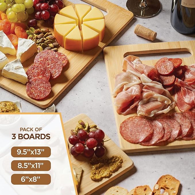 Bamboo Cutting Boards for Kitchen [Set of 3] Wood Cutting Board for Chopping Meat, Vegetables, Fruits, Cheese, Knife Friendly Serving Tray with Handles, 3 Piece Large, Medium, Small Size for Food Prep