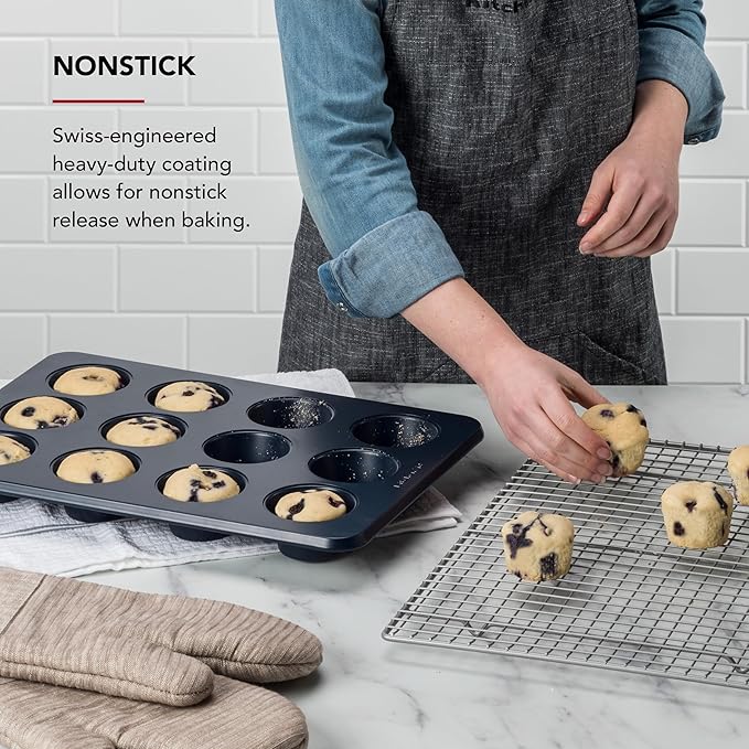 KitchenAid 12-Cup Nonstick Aluminized Steel Muffin Pan, Ink Blue (Pack of 2)