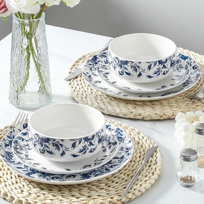 Blue Serving Bowls Set of 4, Ceramic Soup Bowls 22oz, Blue and White Cereal Bowl for Kitchen, Japanese bowls for Raman Oatmeal Salad Rice Pho, Microwave & Dishwasher Safe