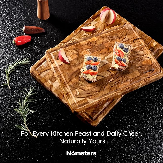 Teak Wood End Grain Cutting Board Set of 2 with Non-slip Feet, Reversible Cutting Boards for Kitchen with Juice Grooves and Handles Non Toxic Chopping Board Butcher Block Serving Tray Kitchen Gift