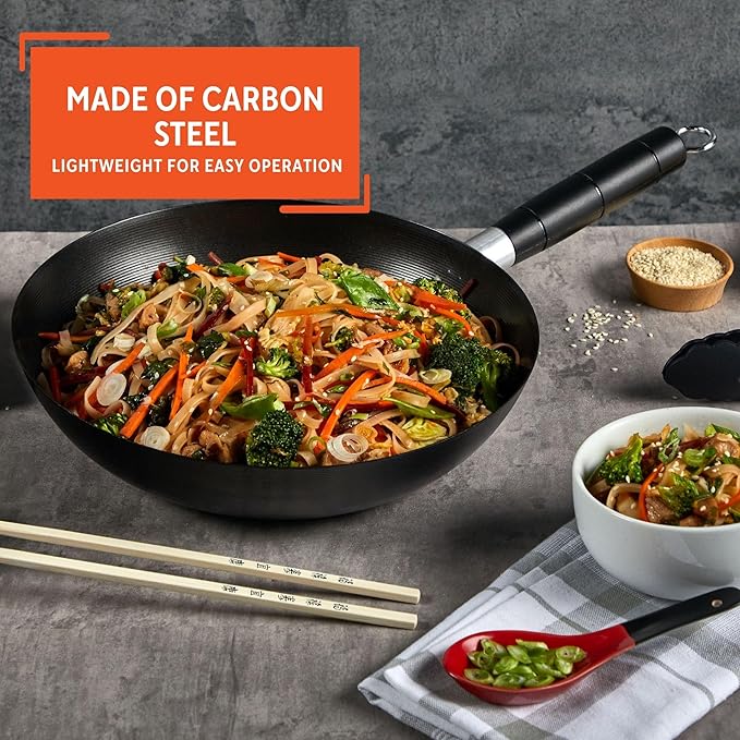 IMUSA 9.5in Carbon Steel Nonstick Wok with Cool Touch Handle, Black