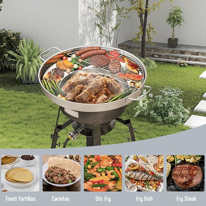 23" Stainless Steel Concave Comal Set, Discada Disc Cooker with 54,000BTU Paella Burner and Adjustable Stand Set, Cazo Para Carnitas Tortillas Stir Fry Wok for Outdoor Cooking, CSA Certified