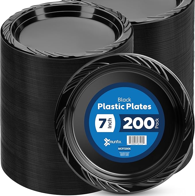 Munfix 200 Black Plastic Plates Set - 7 Inch Disposable Dessert/Salad Plates, Bulk Pack for Party, BBQ, Picnic, Parties, Travel and Events, Microwavable Recyclable