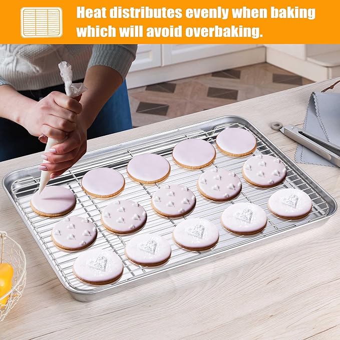 Homikit Baking Sheet with Rack Set (2 Pans+2 Racks), 20x14 Inches Large Stainless Steel Cookie Sheets & Cooling Racks Non Toxic, Big Metal Bacon Crisp Trays for Oven Baking Cooking, Dishwasher Safe