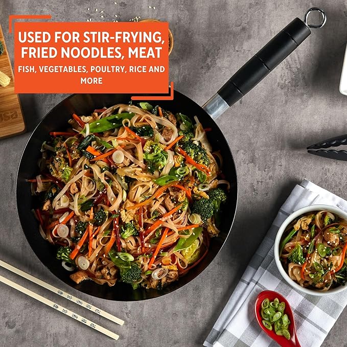 IMUSA 9.5in Carbon Steel Nonstick Wok with Cool Touch Handle, Black